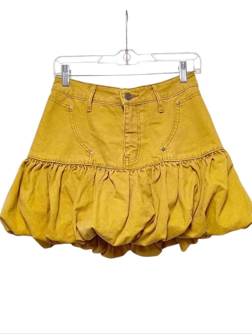 AFRM Zell Bubble Hem Denim Mini Skirt Womens 27 Beige Khaki Cotton